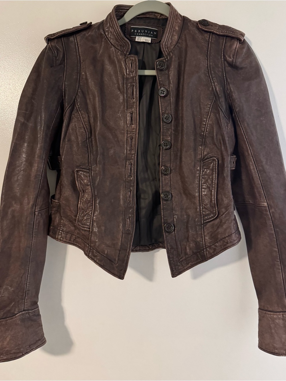 Peruvian Connection Dark Brown Sheep Leather Military-Style Button Jacket